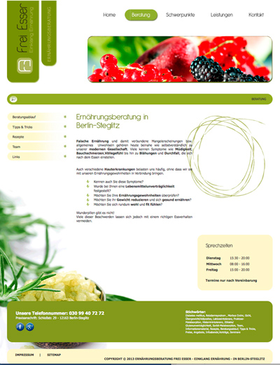 Screenshot der Webseite der Ernährungsberatung Freiesser in Berlin/Steglitz